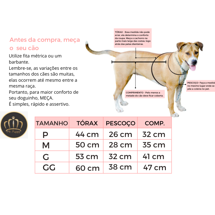 Tabela de medida de roupa para pet